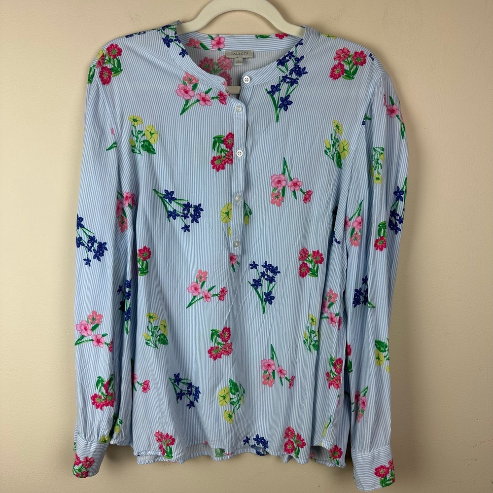 Talbots Striped Floral Button Front Top L Cottagecore Resortwear Coastal Preppy